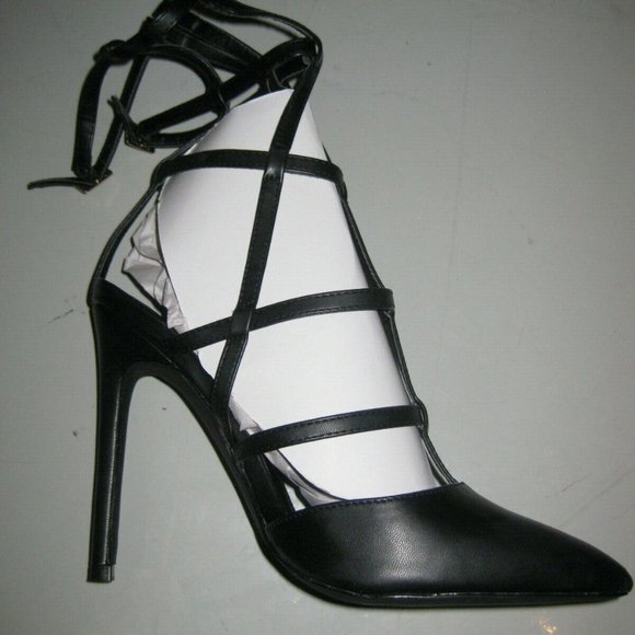 Liliana Black Calf-High Pointy Toe Open Back Caged Heel Gisele-90 Size 8 NIB - Picture 5 of 7